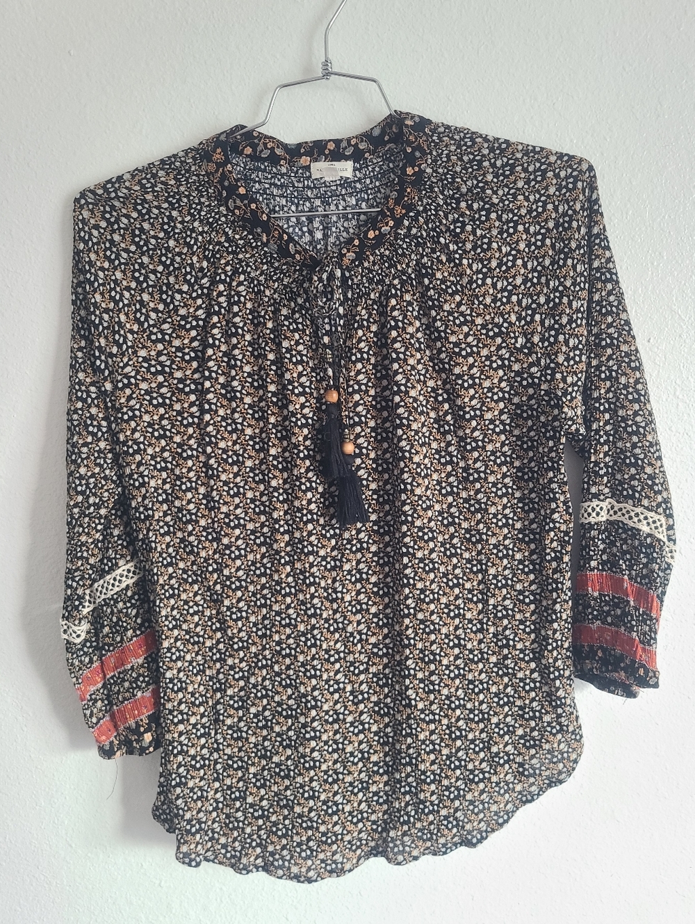 Mason & Belle Cathia Tassel Tie Front Boho Peasant Stlye Blouse